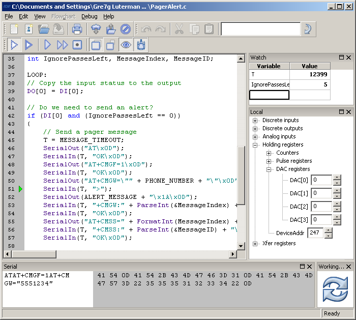 The debugger can even monitor serial I/O.
