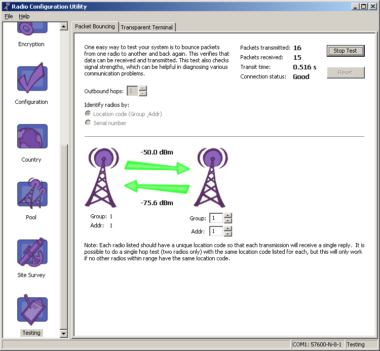 The advanced (XL) radio configuration utility can bounce packets off of other radios and measure the received signal strength of each link.