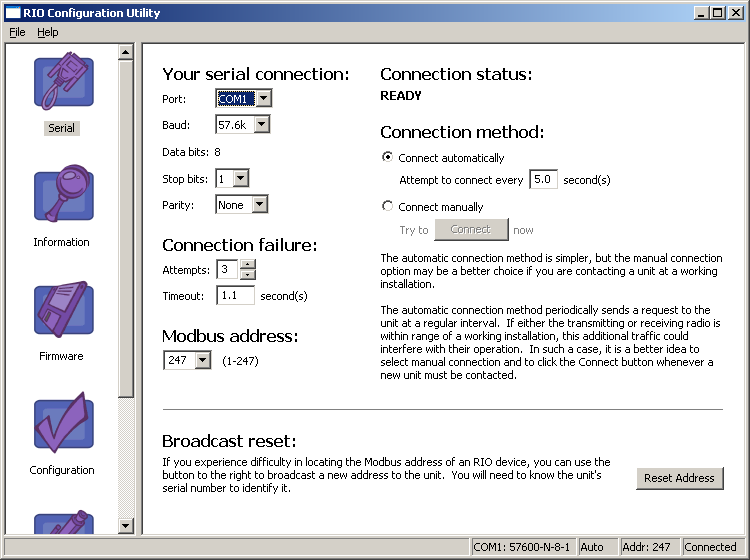 The RIO configuration utility is a Windows&reg; application that makes it easy to configure your RIO devices.